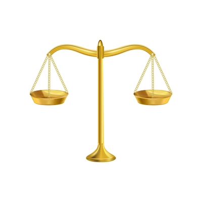 Realistic world day social justice composition with isolated image of golden balance on blank background vector illustration