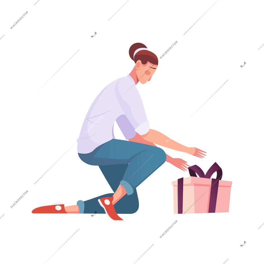 International thank you day flat composition with isolated human character of woman unlacing the gift box vector illustration