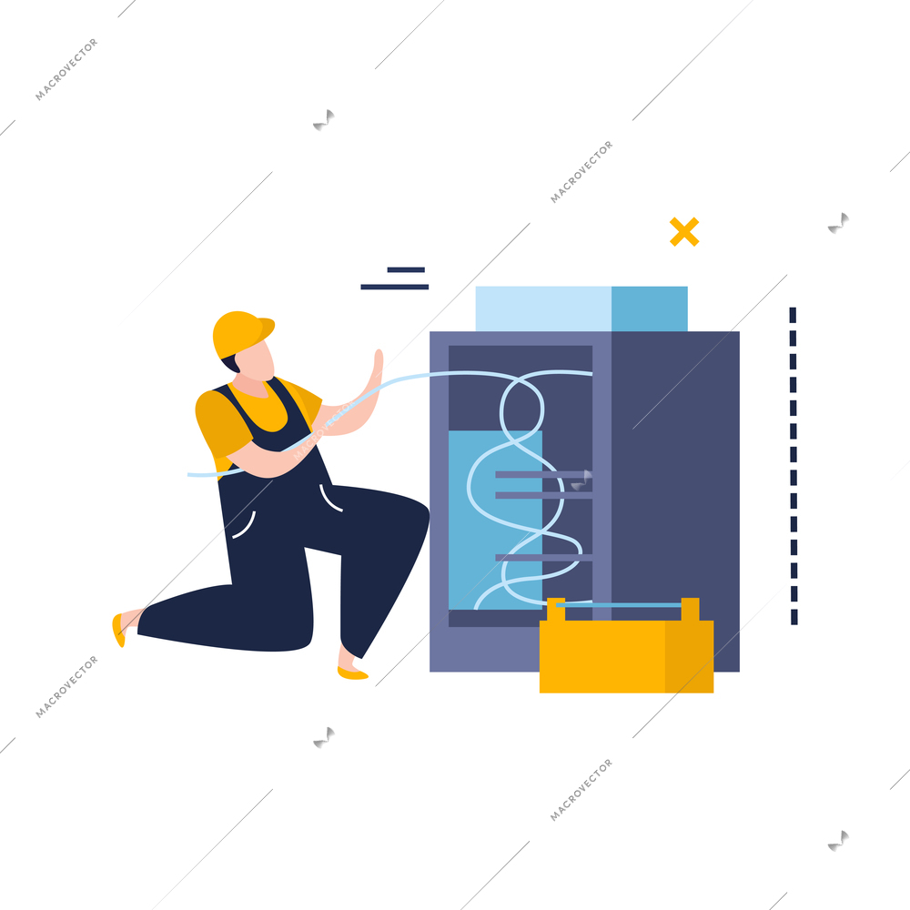 Electricity and lighting flat icons composition with character of electrician with wires in supply cabinet vector illustration