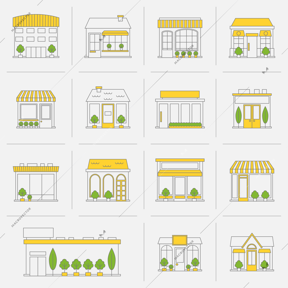 Store shop business buildings flat line icon set isolated vector illustration