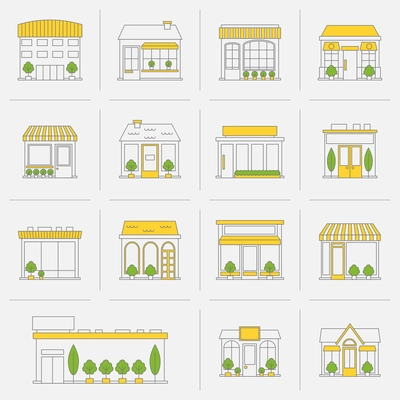 Store shop business buildings flat line icon set isolated vector illustration