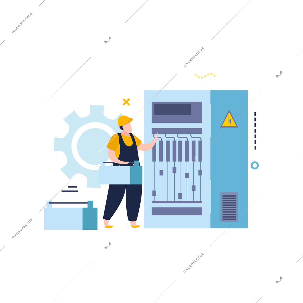 Electricity and lighting flat icons composition with character of electrician fixing power supply cabinet vector illustration