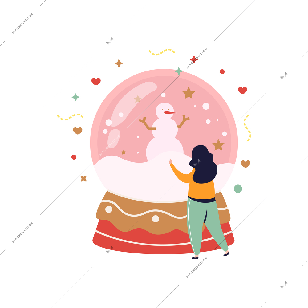 Happy winter flat composition with woman looking inside glass ball with snow vector illustration