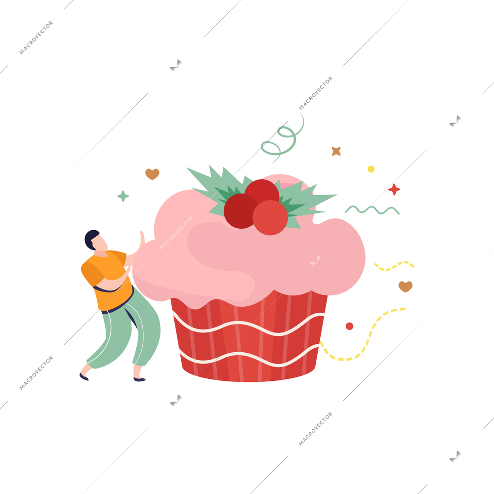 Happy winter flat composition with male character and purple cake with berry topping vector illustration