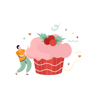 Happy winter flat composition with male character and purple cake with berry topping vector illustration