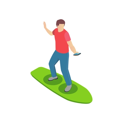 5g high speed internet isometric composition with human character of internet user with smartphone on surfing board vector illustration