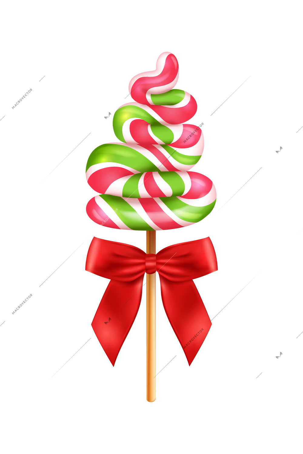 Realistic lollipop red bow composition with isolated image of candy on stick with tree shaped sugar vector illustration