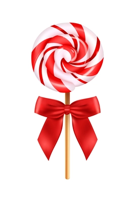 Realistic lollipop red bow composition with isolated image of candy on stick with round top vector illustration