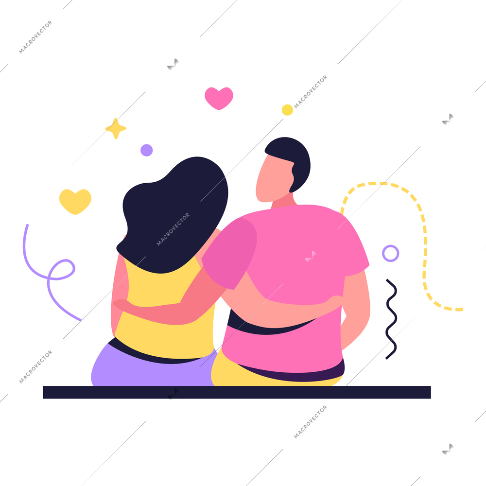 Hug day flat composition with human characters of loving couple sitting together embracing each other vector illustration