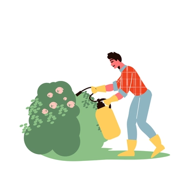 Gardening composition with character of male gardener spraying insecticide on bushes vector illustration