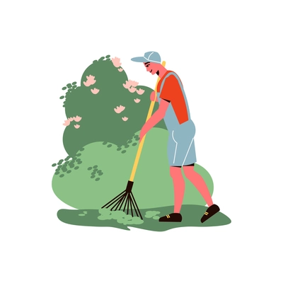 Gardening composition with character of male gardener removing fallen leaves from grass lawn vector illustration