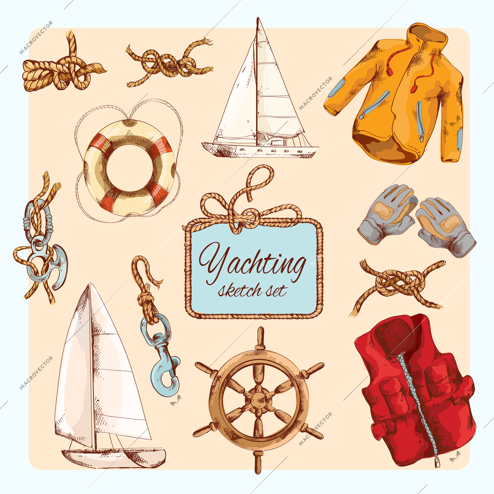 Yachting sea travel decorative sketch icons set with steering wheel rope knot gloves isolated vector illustration