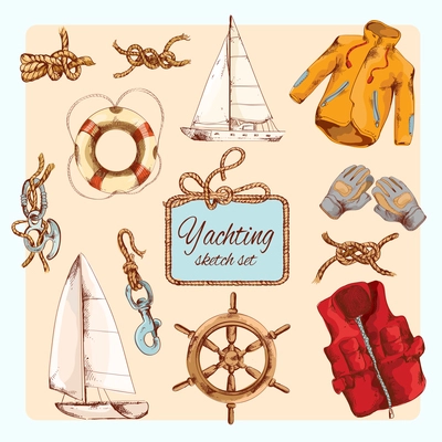 Yachting sea travel decorative sketch icons set with steering wheel rope knot gloves isolated vector illustration