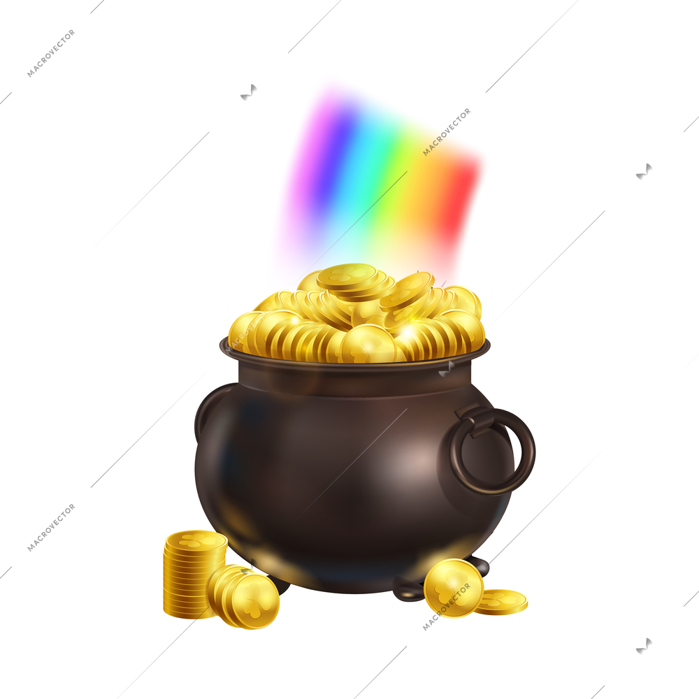 Realistic saint patrick day composition with isolated image of vintage pot with golden coins and rainbow vector illustration