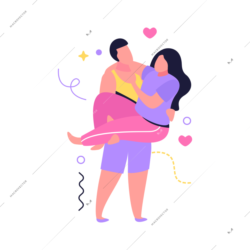 Hug day flat composition with human characters of loving couple with woman in mans arms vector illustration