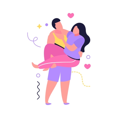 Hug day flat composition with human characters of loving couple with woman in mans arms vector illustration