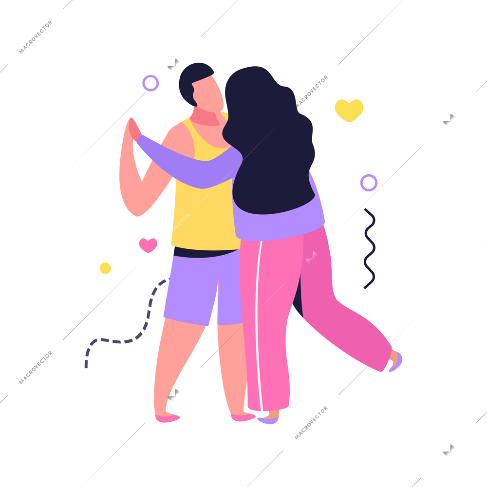 Hug day flat composition with human characters of loving couple dancing embracing together vector illustration