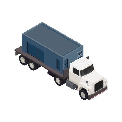 Modular frame building isometric composition with isolated image of truck moving section of house vector illustration