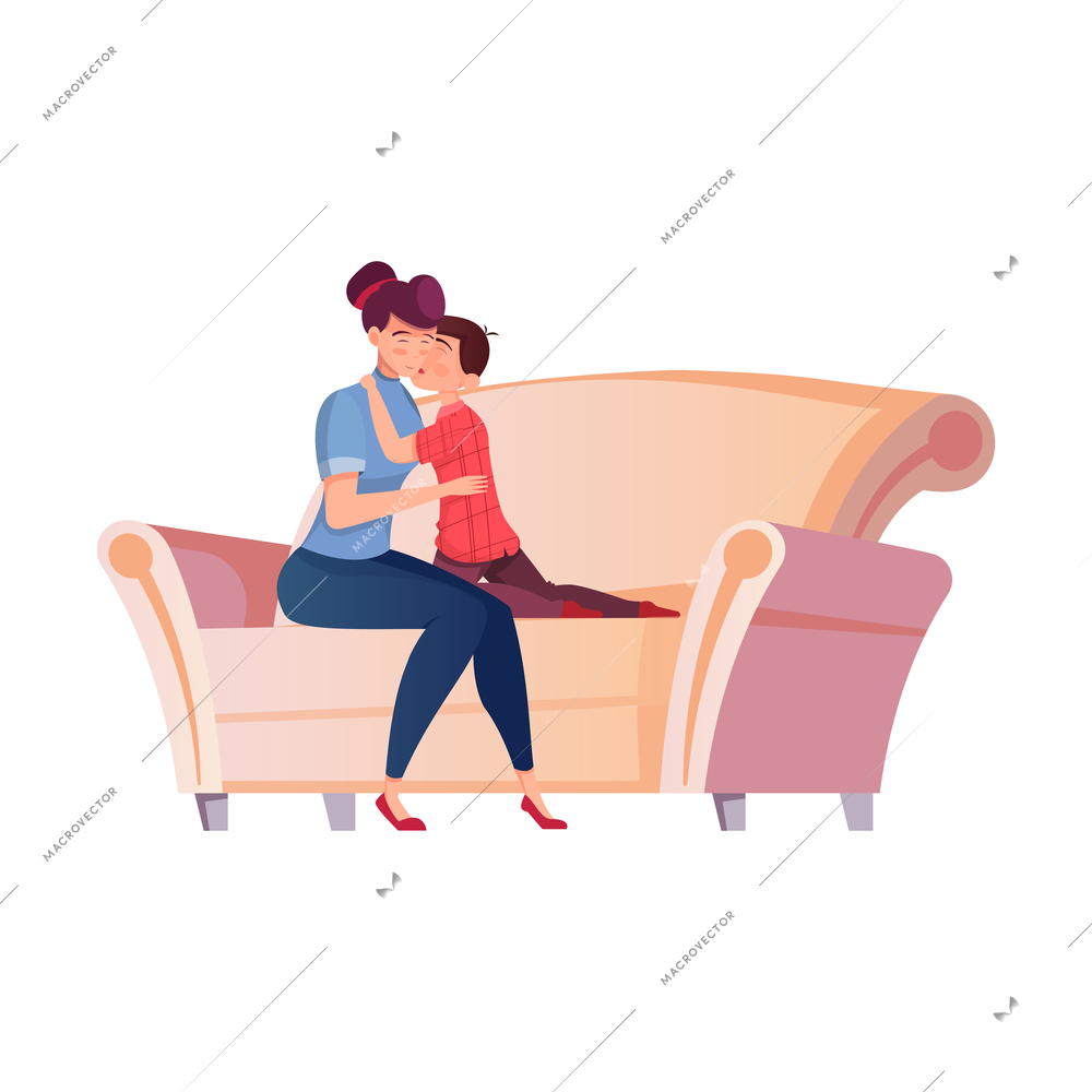 International thank you day flat composition with characters of son and mother hugging on sofa vector illustration