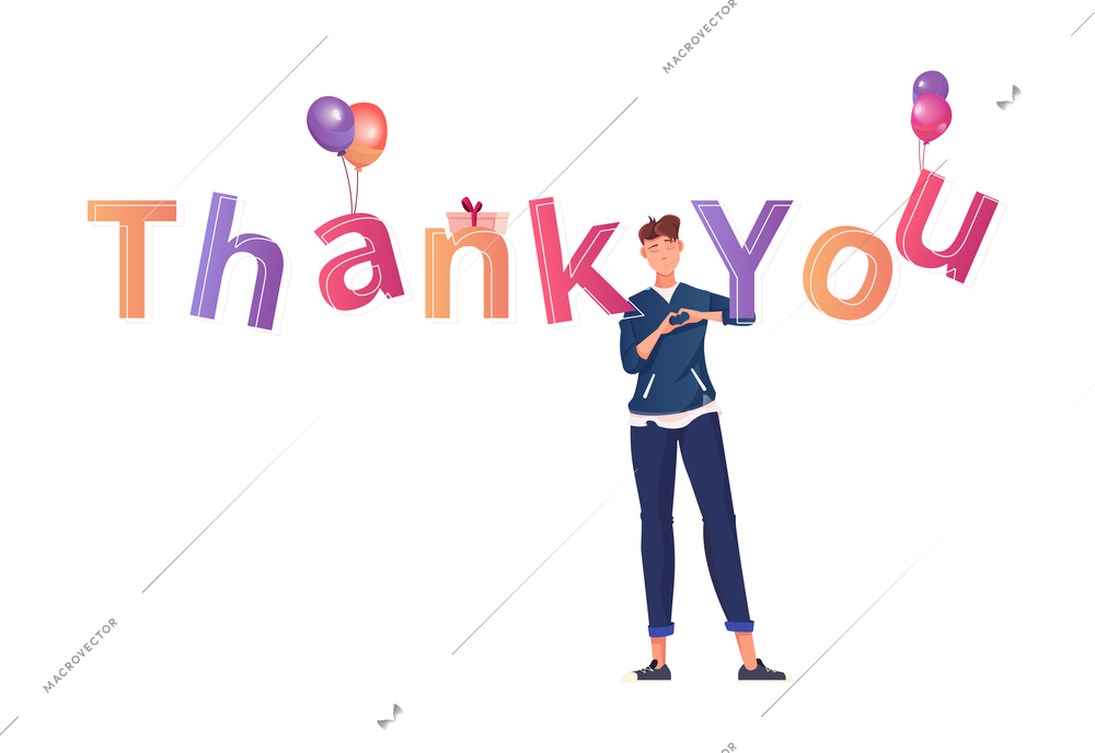 International thank you day flat composition with human character and colorful letters hanging on balloons vector illustration