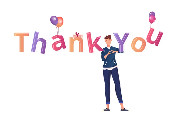 International thank you day flat composition with human character and colorful letters hanging on balloons vector illustration