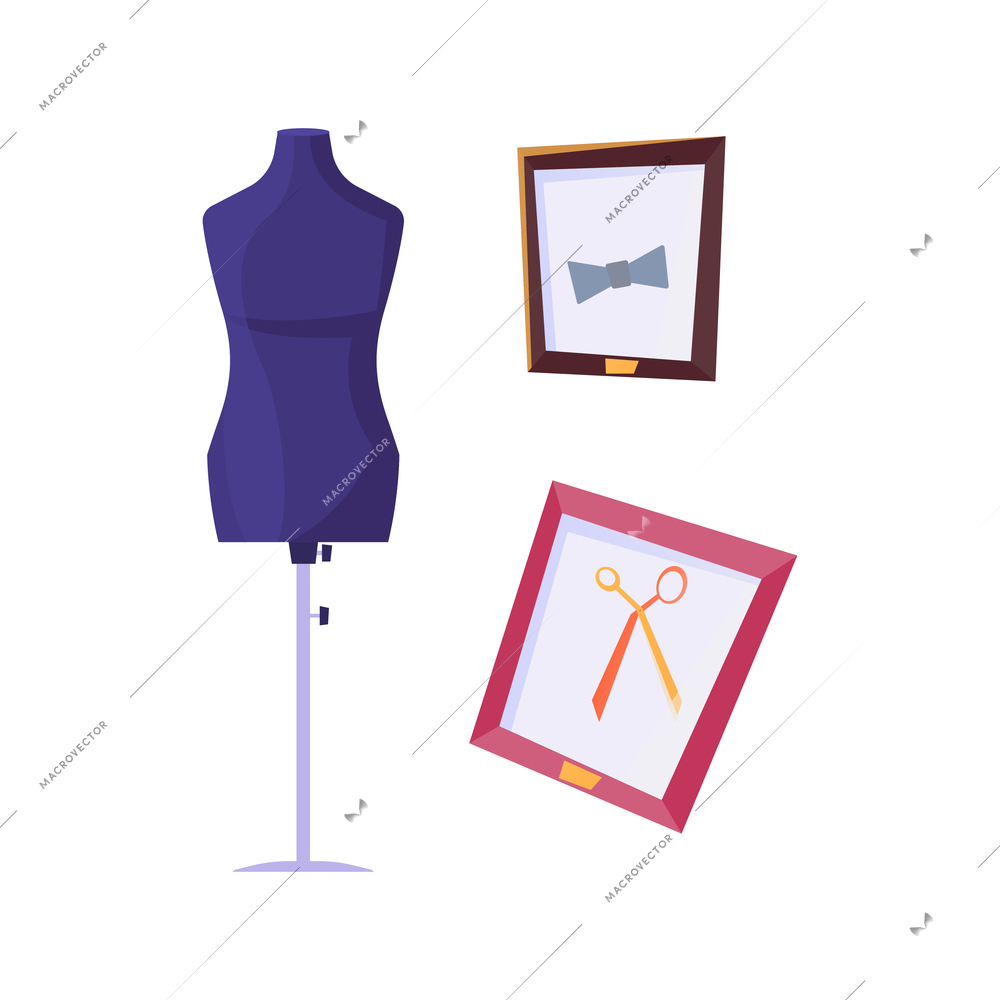 Tailoring flat composition with isolated images of mannequin with bow and scissors in frames vector illustration