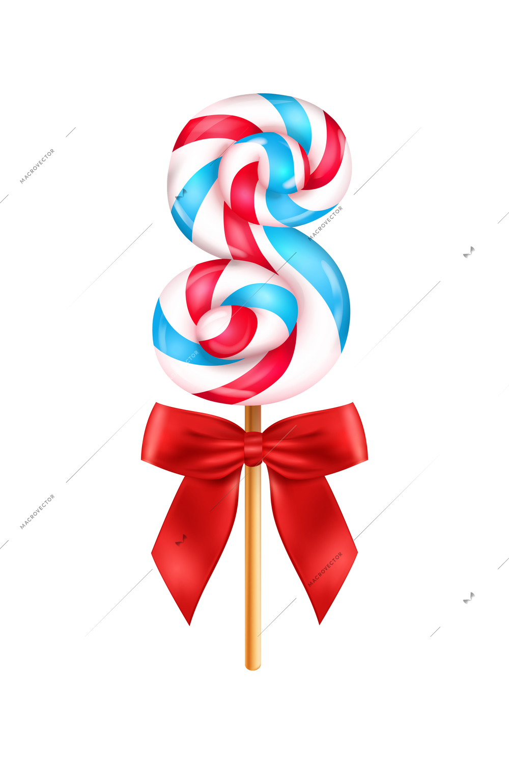 Realistic lollipop red bow composition with isolated image of candy on stick with letter shape vector illustration