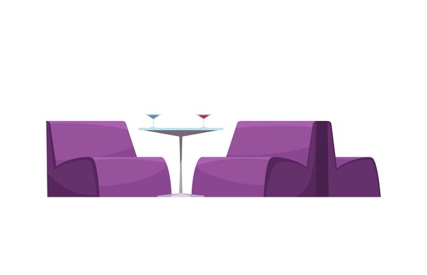 Flat bar or restaurant furniture icon with soft purple seats and table with two cocktail glasses vector illustration