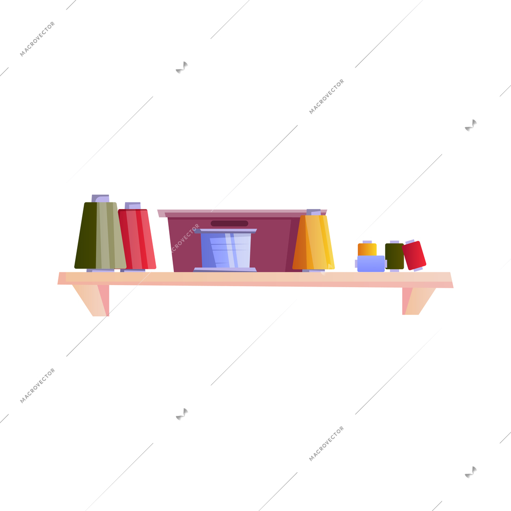 Tailoring flat composition with isolated image of stitching on wall shelf on blank background vector illustration