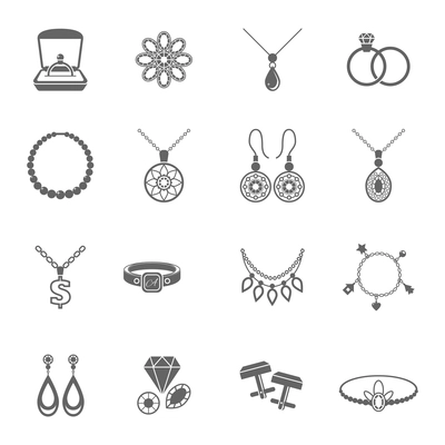 Jewelry black icons set of luxury jewels and precious gifts isolated vector illustration