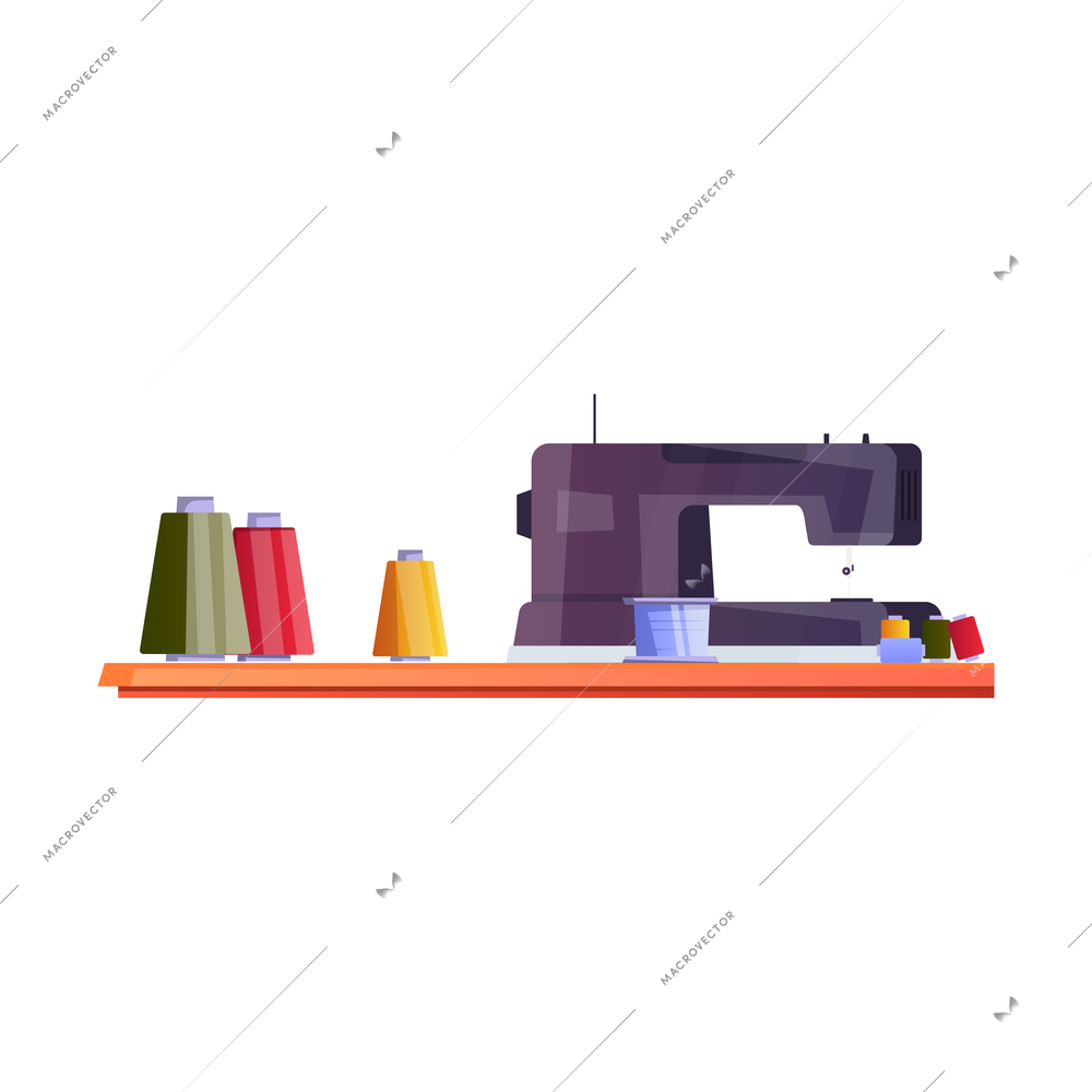 Tailoring flat composition with isolated images of sewing machine with stitching on wooden shelf vector illustration