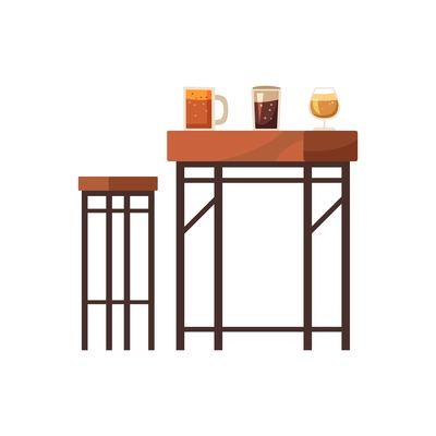 Flat bar furniture with stool table and alcoholic drinks isolated vector illustration