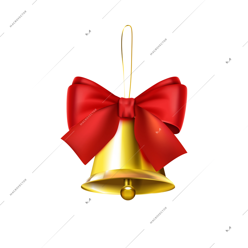 Christmas decoration realistic composition with isolated image of golden bell with red bow vector illustration
