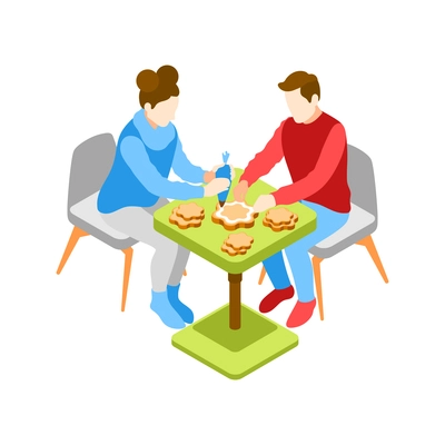 Christmas mood isometric icons composition with male and female characters making cookies at table vector illustration