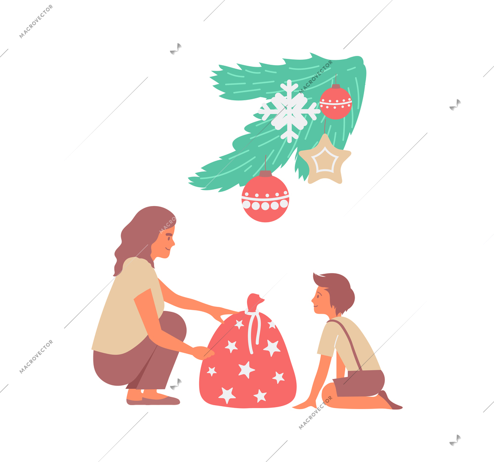 Christmas flat composition with human characters of mother and child with gifts sack and fir needle vector illustration