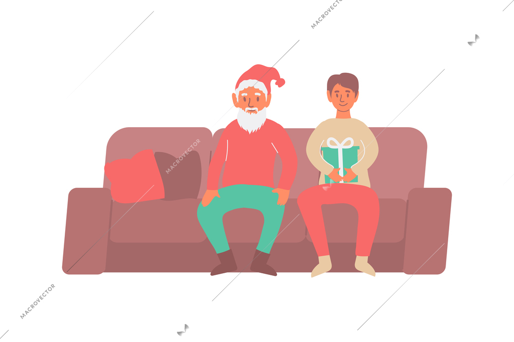 Christmas flat composition with human characters of guy and santa sitting on sofa together vector illustration