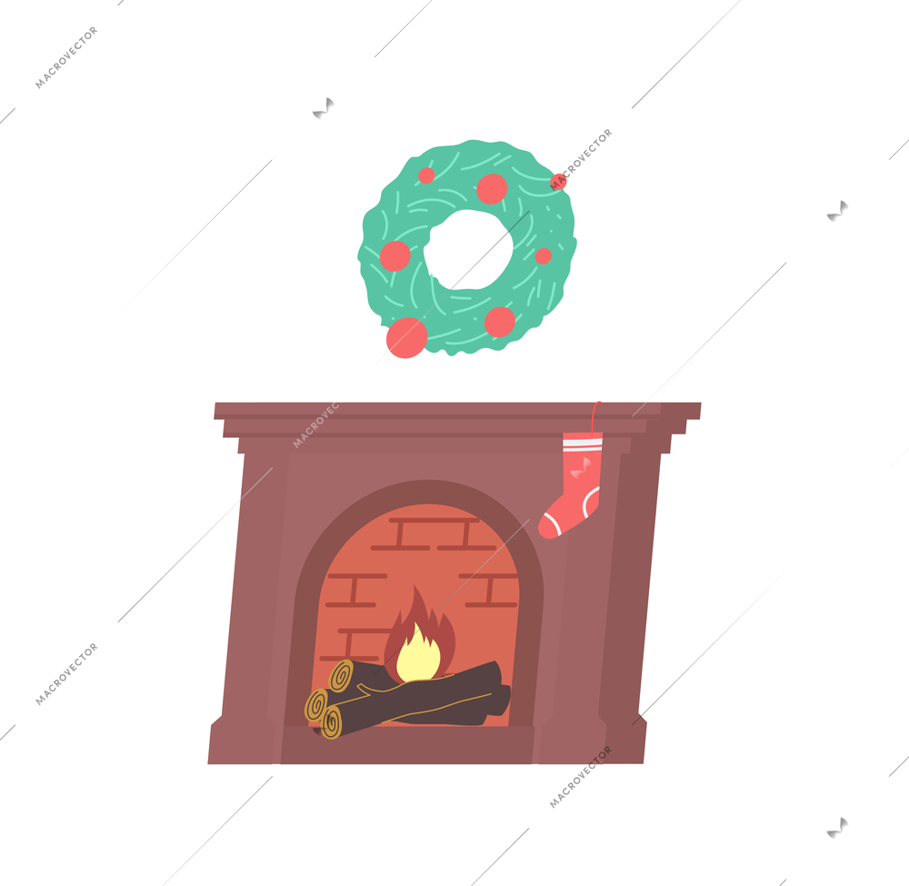 Christmas flat composition with isolated image of fireplace with sock and wreath made of fir needle vector illustration