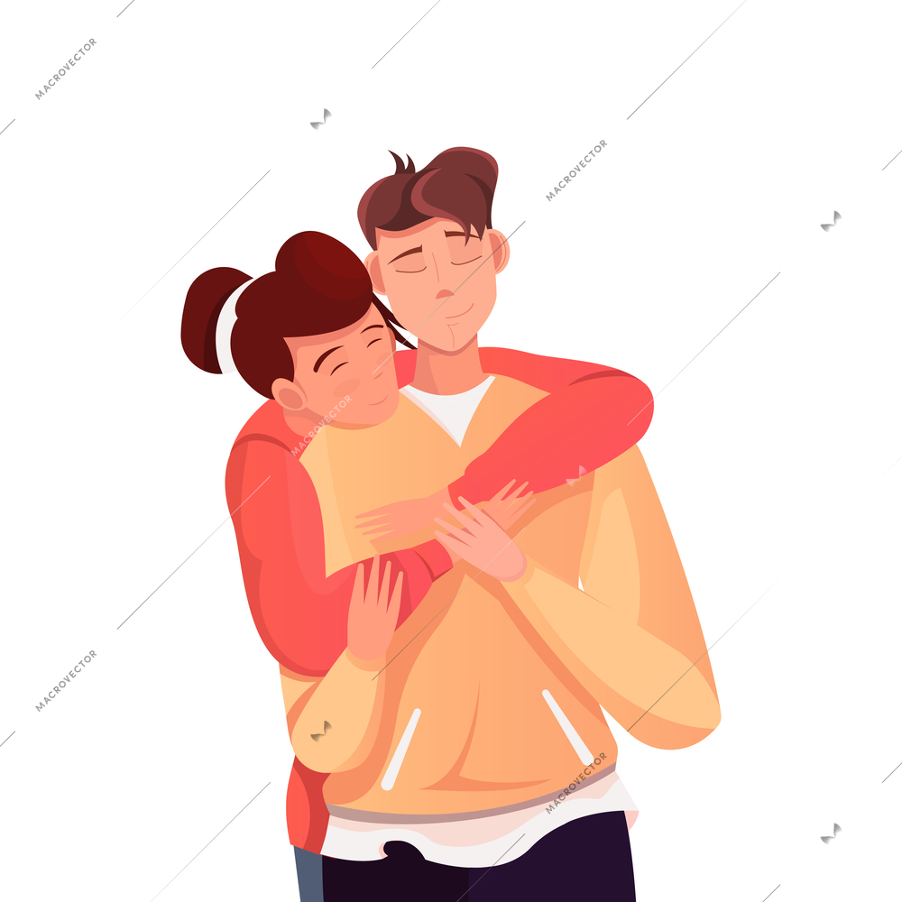 International thank you day flat composition with isolated human characters of girl embracing lover boy vector illustration