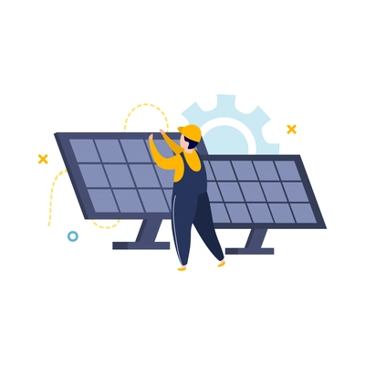 Electricity and lighting flat icons composition with character of electrician near solar batteries vector illustration