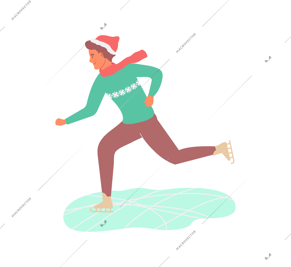 Christmas flat composition with human character of ice skating boy in christmas hat vector illustration