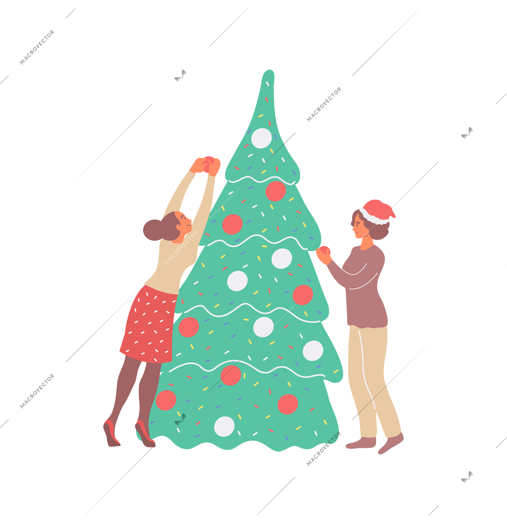 Christmas flat composition with human characters decorating tree with balls vector illustration