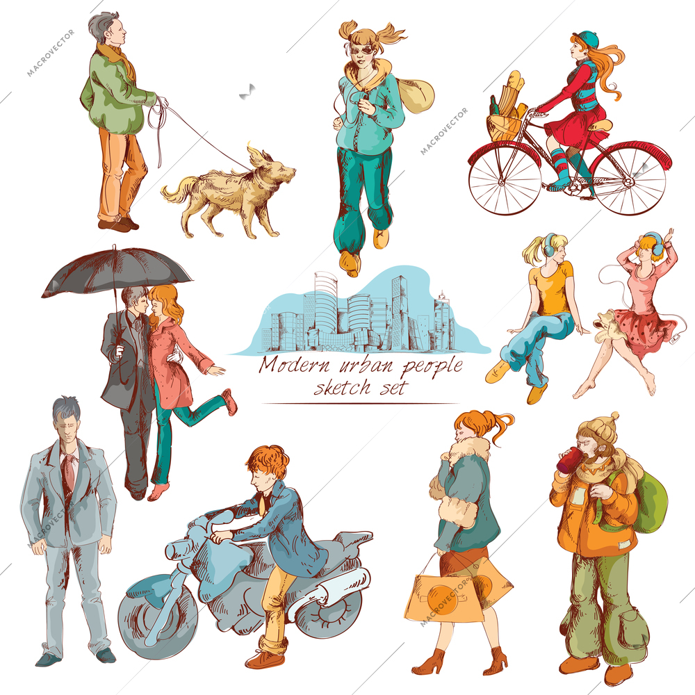 Modern urban people sketch colored decorative icons set isolated vector illustration