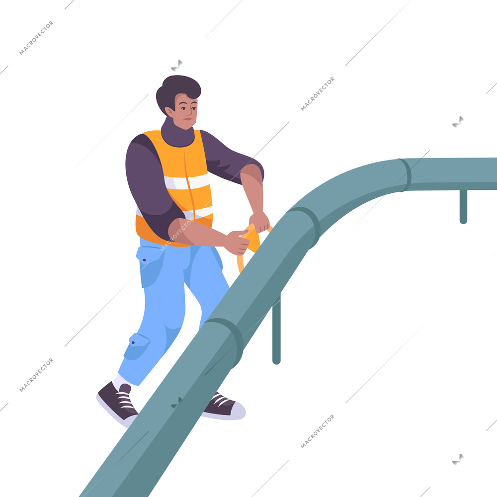 Oil industry flat composition with human character of worker holding throttle on tube vector illustration