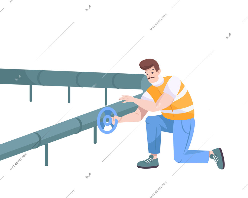 Oil industry flat composition with throttle on tube held by worker character vector illustration