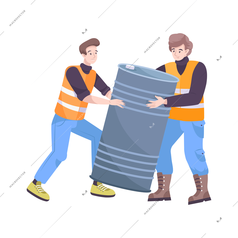Oil industry flat composition with human characters of workers moving big metal barrel vector illustration