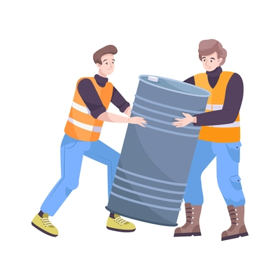 Oil industry flat composition with human characters of workers moving big metal barrel vector illustration