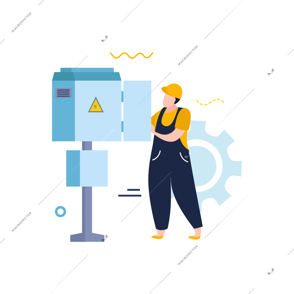 Electricity and lighting flat icons composition with character of electrician with power control box on pole vector illustration