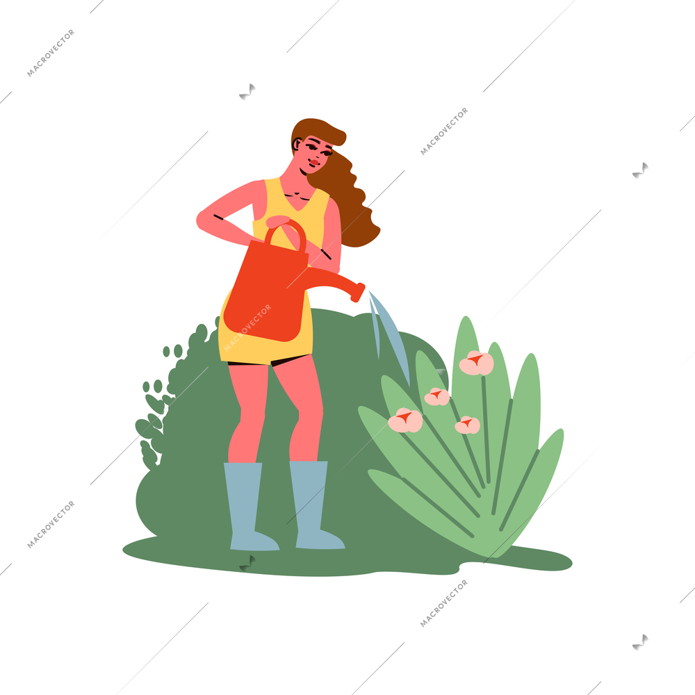 Gardening composition with character of female gardener pouring flowers with watering pot vector illustration