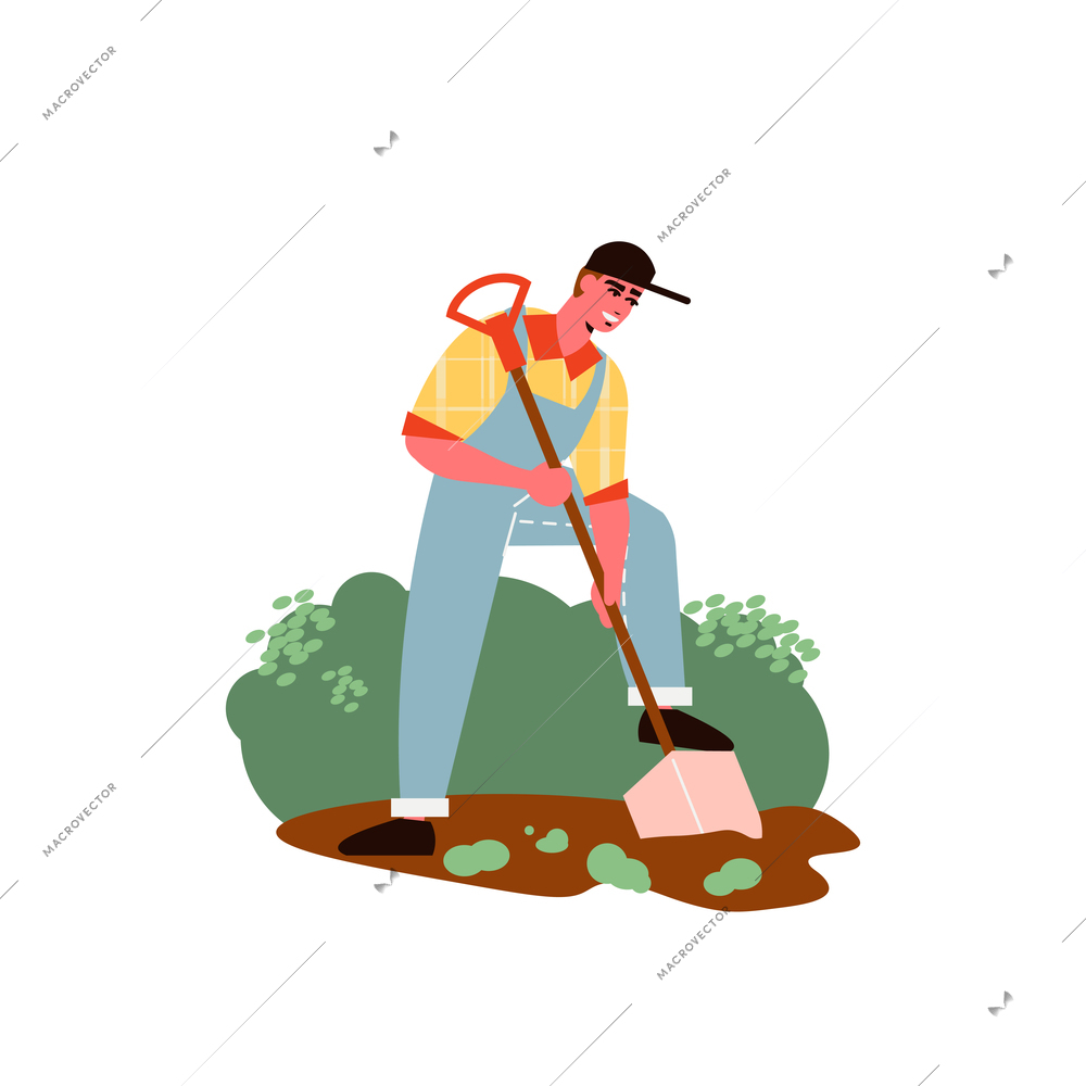 Gardening composition with character of male gardener digging garden ground vector illustration