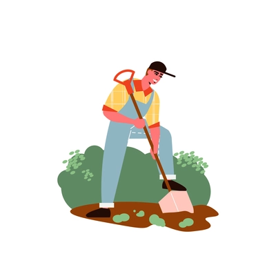 Gardening composition with character of male gardener digging garden ground vector illustration